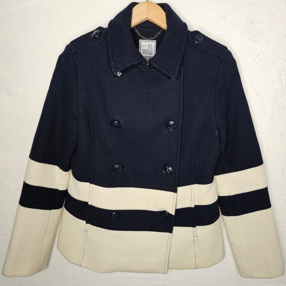 NWOT JCP Womens S Short Coat Navy Blue Ivory Color Block Wool Blend Nautical